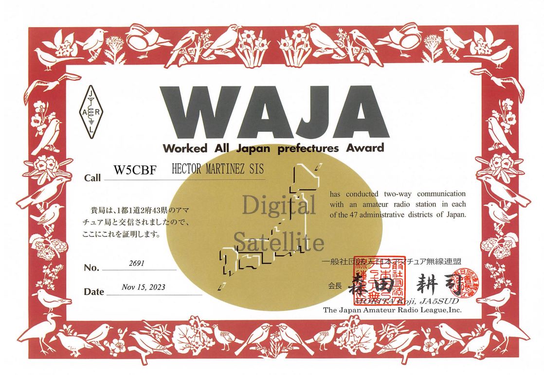 Thanks to @JARL for the nice WAJA certificate! Once again, thanks to all JA s' friends that made Satellite WAJA possible! <a href="/AMSAT/">AMSAT</a>  <a href="/jamsat/">jamsat</a>  <a href="/S5Lab/">S5Lab</a> #GREENCUBE