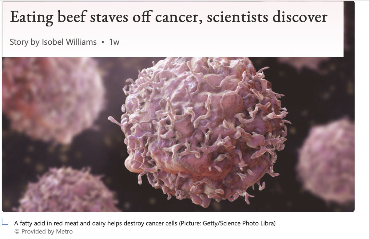 Can meat/dairy help fight cancer? 
Study in <a href="/Nature/">nature</a> found that a fatty acid in dairy, beef, lamb (TVA, or transvaccenic acid) could "enhance anti-tumor activity" by stimulating a stronger immune response. Feeding mice TVA reduced potential tumor growth of melanoma and colon