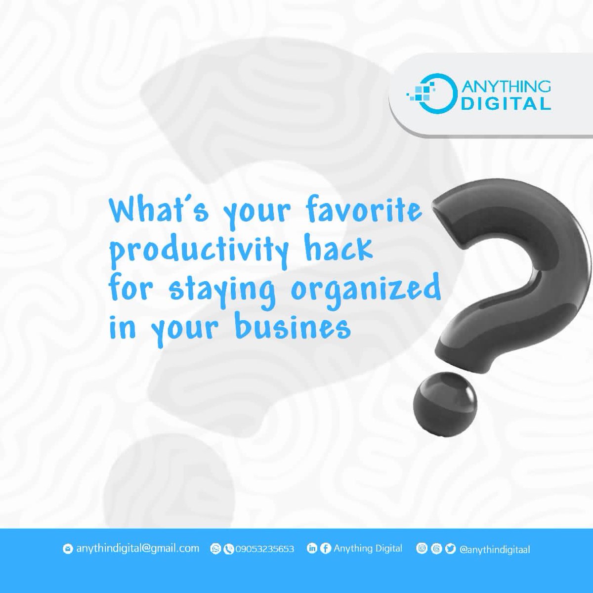 AnythinDigitaal's tweet photo. We set priority and make sure our management system is top notch.
What’s yours???
#saturday #weekend #fun #businessideas #questionsandanswers #anythindigitaal #digitalmarketingagency https://t.co/gfLAN4FwYU