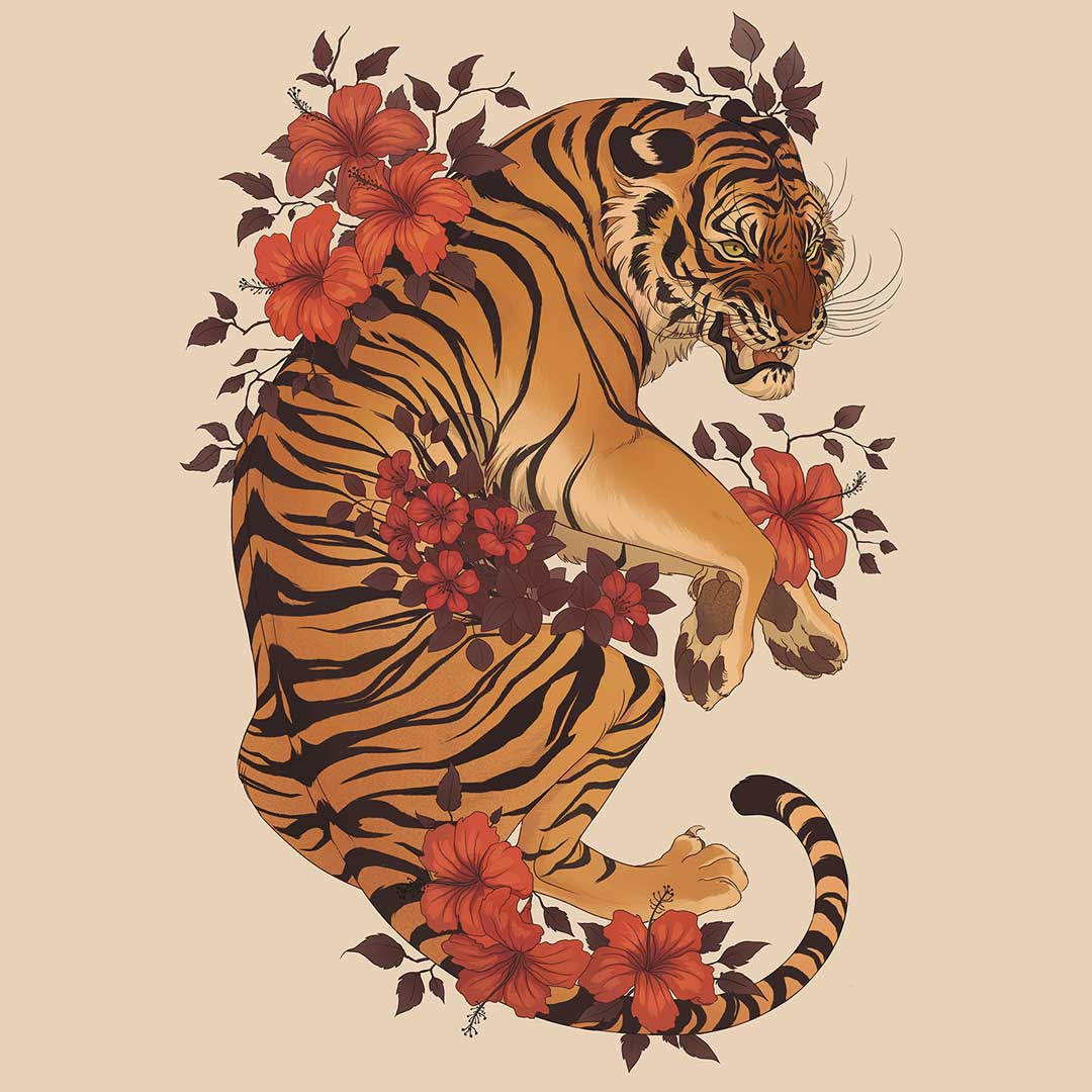 tiger no humans flower red flower hibiscus animal focus simple background  illustration images