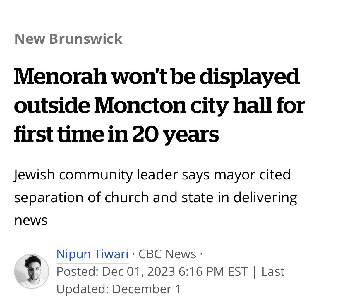 📍Moncton, New Brunswick: 🎄Christmas Tree at City Hall? “Ok.” 🕎 Menorah at City Hall? “Banned due to separation of church & state.” @MayorMoncton Arnold, if some faith symbols are ok, but others are not, that’s discrimination. It’s not acceptable & must be immediately…