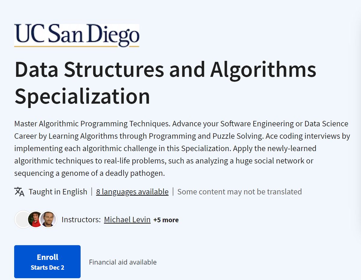 clcoding's tweet image. Data Structures and Algorithms Specialization

Master Algorithmic Programming Techniques. Advance your Software Engineering or Data Science Career by Learning Algorithms through Programming and Puzzle Solving.  clcoding.com/2023/10/data-s…