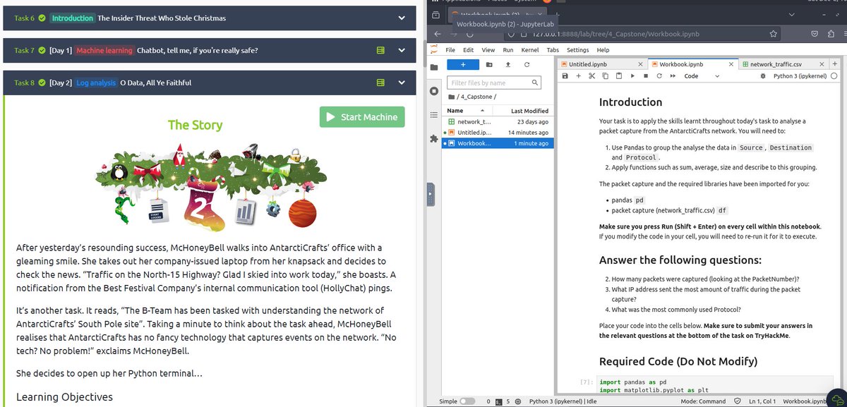 jesssperez95's tweet image. Day 2 of #AdventofCyber2023 done!
It was great to learn Panda and matplotlib 🫡 @RealTryHackMe thanks for teaching us!