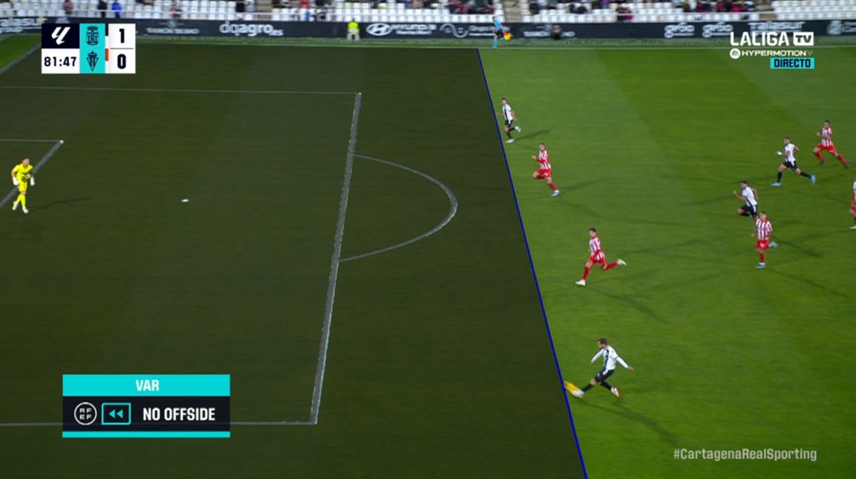 ArchivoVAR's tweet photo. 🚨💥 El terrible análisis del VAR en el gol del Cartagena.

👉🏻 El VAR analiza la acción con un frame en el que el balón sale completamente deformado.

❌ GRAVE ERROR.

▪️ De la misma forma, se aprecia como el balón ya está saliendo del pie de Héctor. https://t.co/HXIrVFhKHL