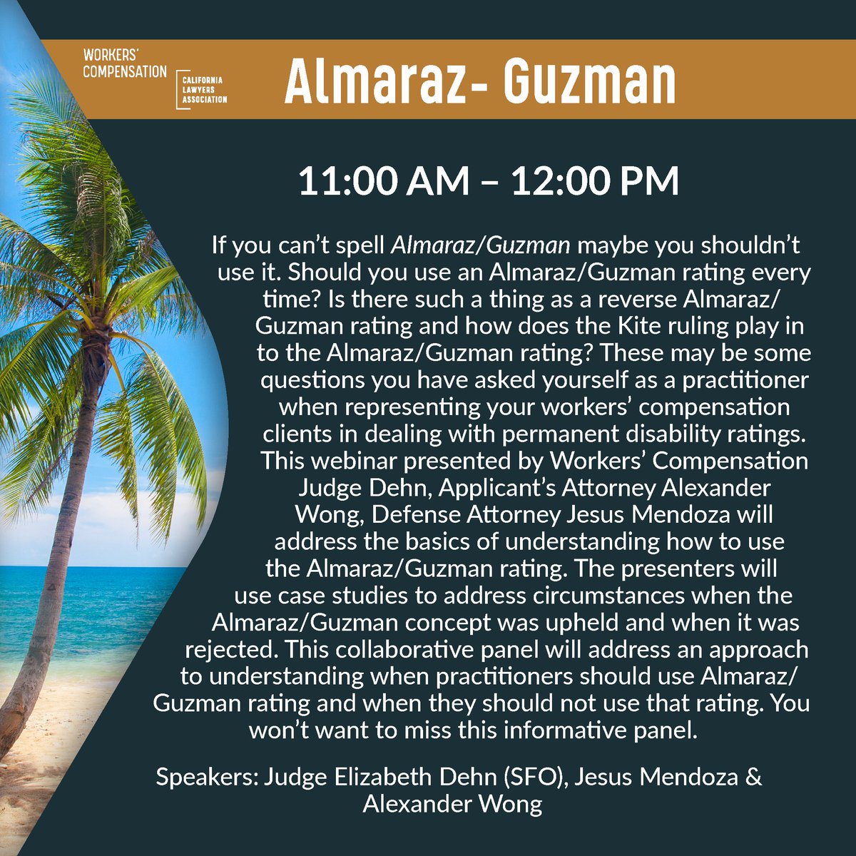 CLAWorkersComp's tweet image. 📣Calling all workers comp practitioners 📣

Have you used Almaraz/Guzman ratings when representing your clients in dealing with permanent disability? Want to learn more? 

✅Register here for our December 8 webinar: cla.inreachce.com/Details/Inform…