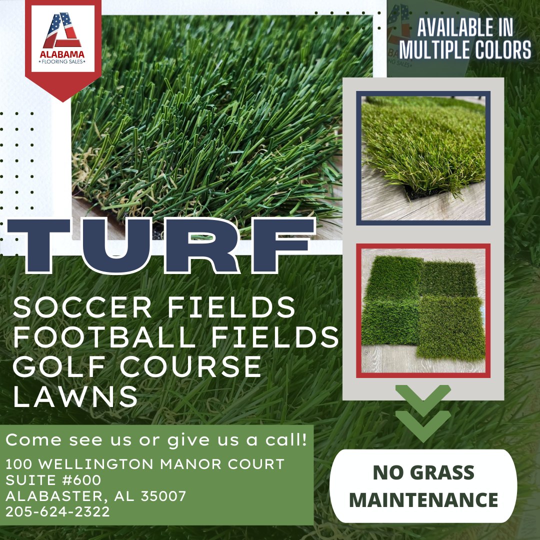 FlooringAlabama's tweet photo. Get your property ready with grass turf! Turf is also great for soccer and football fields and is available in different colors to customize it to your team's color. Come by and see us so that we can help you!

#HomeImprovements #OakMountainAL #HardwoodFlooring https://t.co/FbDmvpnQzC
