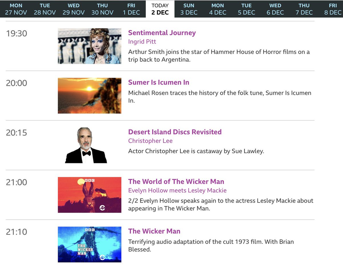 My work colleagues are at the company Christmas party this evening, while I’m staying in the warm listening to The Wicker Man night on BBC Radio 4 Extra. 
I think I’ve got the better deal.