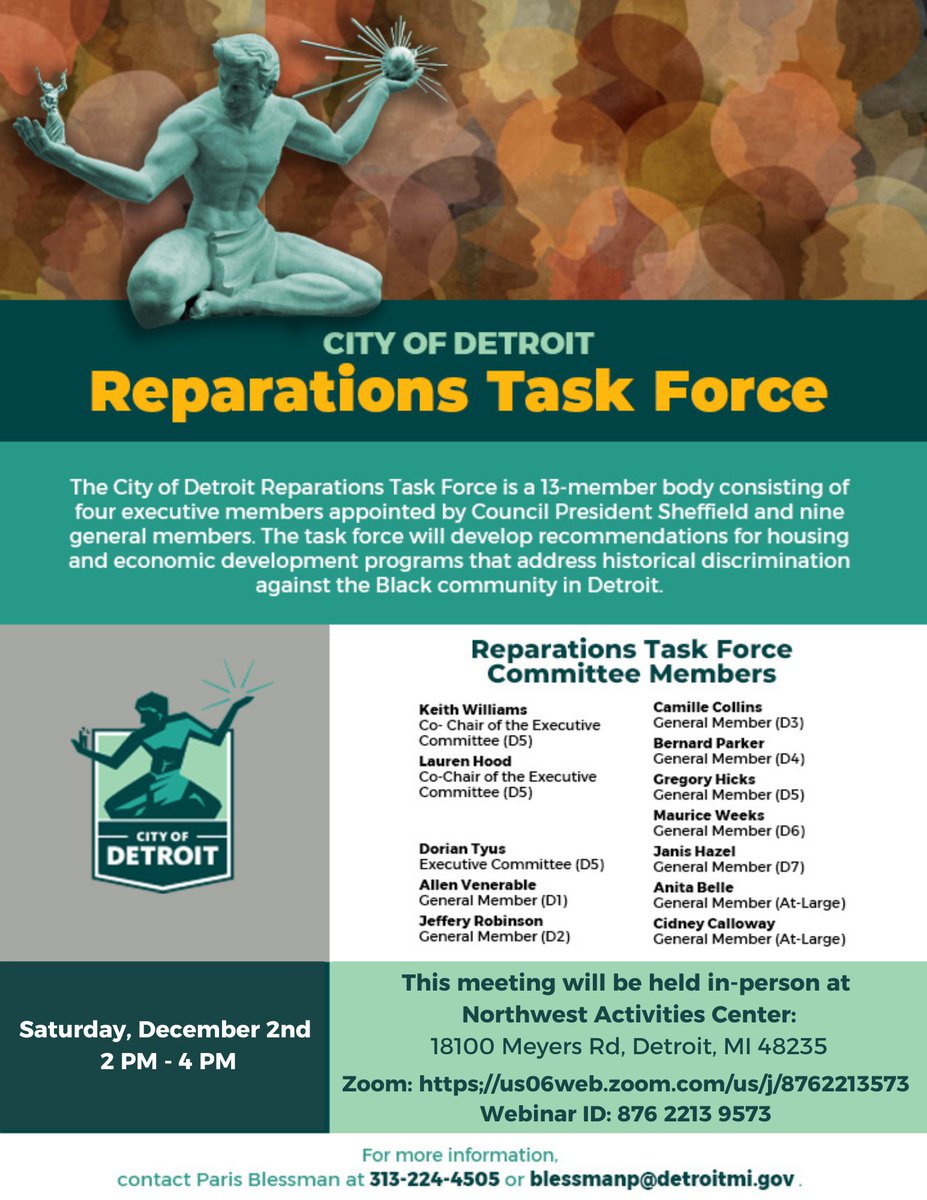 goodbyejehovah's tweet photo. There will be a #DetroitReparationsTaskforce recap space hosted by @ADubbaYu313 ✊🏾
Join us for a debrief and discussion following the Taskforce meeting today 2 pm EST
(Details to join the Taskforce meeting via Zoom 👇🏾)
#ReparationsNow
#DetroitGrassRootsCoalition https://t.co/qoff58y4yd