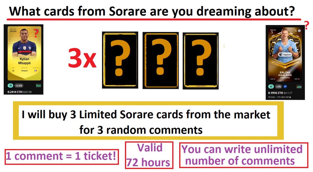Crazy Giveaway! 🔥 🔥🔥
3 x Your Dream <a href="/Sorare/">Sorare</a> Limited Cards 💪

1️⃣Like/Repost/Follow
2️⃣Comment 1 Card which you want + Your club name

1 comment = 1 draw. The more comments you write, the better your chances. Valid 72 h.

New? Join: sorare.pxf.io/PawelTrader 

<a href="/Portalcoin/">Portal</a> $portal