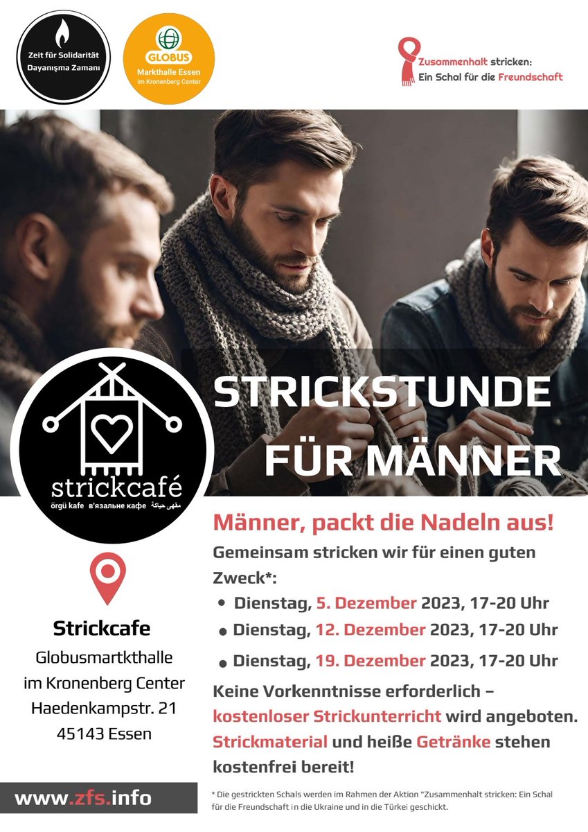 Männer, packt die Nadeln aus! Wir treffen uns dienstags im Strickcafé für einen guten Zweck. Unsere Termine:
5. Dezember 2023, 17-20 Uhr
12. Dezember 2023, 17-20 Uhr
19. Dezember 2023, 17-20 Uhr.
Nicht stricken können ist keine Ausrede.  Wir haben eine Lehrerin😉