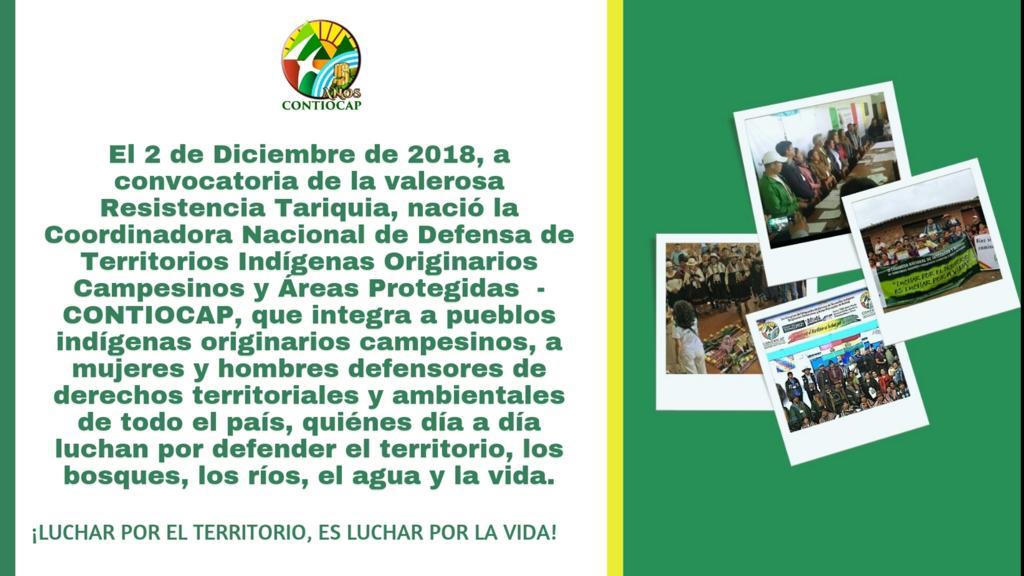 contiocap's tweet photo. !!La @contiocap celebra 5 Años de Lucha y Resistencia!! El 02/12/18, a convocatoria de la #ResistenciaTariquia, nació la #CONTIOCAP, que integra a #PueblosIndígenas originarios campesinos de todo el país, quiénes defienden el territorio, los bosques, los ríos, el agua y la vida. https://t.co/iCRuYU4LMr