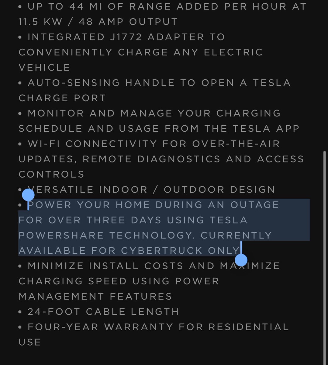 niccruzpatane's tweet photo. Powershare home backup hardware is already shipping in the Tesla Universal Wall Connector. Possible home Powersharing with other Tesla models in the future? @elonmusk 

“POWER YOUR HOME DURING AN OUTAGE FOR OVER THREE DAYS USING TESLA POWERSHARE TECHNOLOGY. CURRENTLY AVAILABLE FOR CYBERTRUCK ONLY”

PowerShare functionally coming mid 2024.