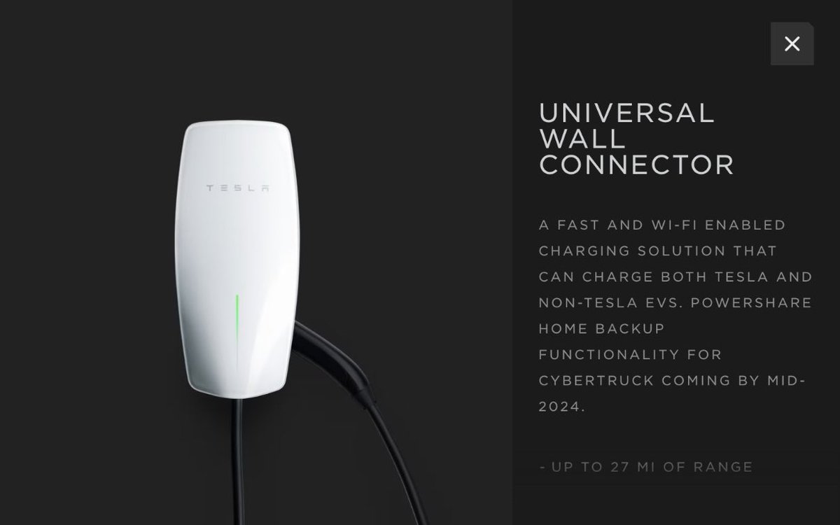 niccruzpatane's tweet photo. Powershare home backup hardware is already shipping in the Tesla Universal Wall Connector. Possible home Powersharing with other Tesla models in the future? @elonmusk 

“POWER YOUR HOME DURING AN OUTAGE FOR OVER THREE DAYS USING TESLA POWERSHARE TECHNOLOGY. CURRENTLY AVAILABLE FOR CYBERTRUCK ONLY”

PowerShare functionally coming mid 2024.