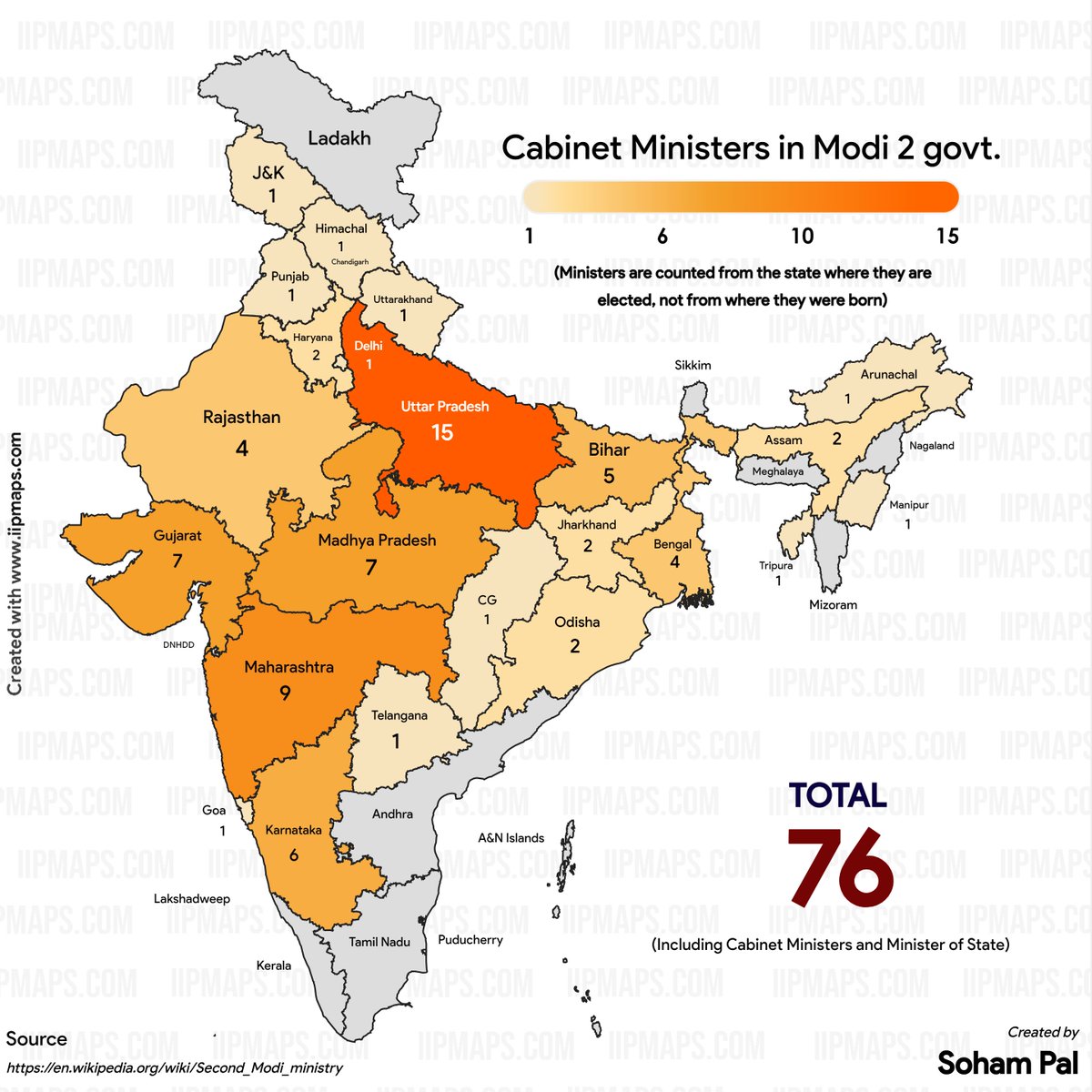 Cabinet Ministers in Modi 2 govt. Created by Soham Pal using iipmaps com