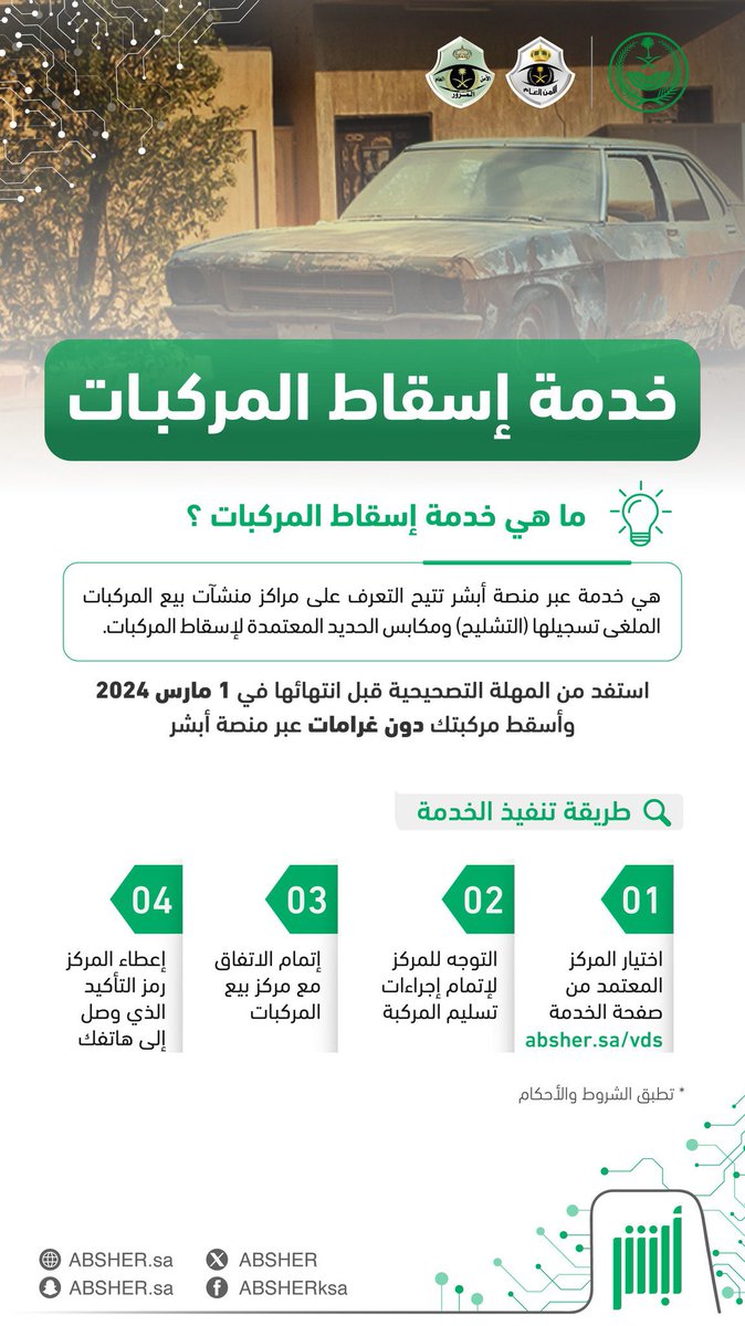 #أبشر:
نهاية المهلة التصحيحية لخدمة إسقاط المركبات المهملة أو التالفة في 1 مارس 2024م