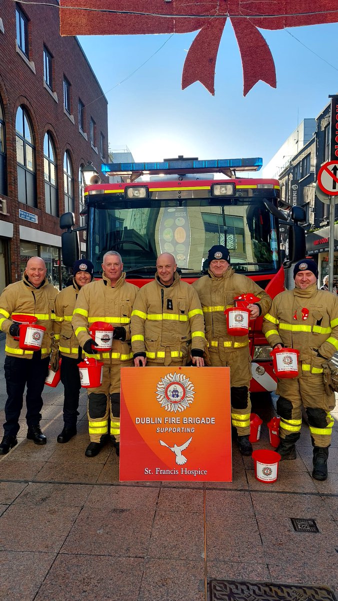 DubFireBrigade's tweet photo. If you happen to be in the city centre around the Henry Street area today say 'hi' to the firefighters who are shaking ... or is it shivering ❄️?.... buckets for Saint Francis Hospice until 4pm

With some famous support too 
@LordMayorDublin 

@SFHDublin https://t.co/n0PKgiV165
