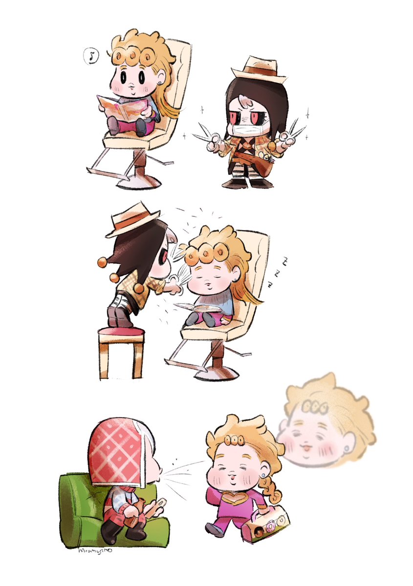 giorno giovanna ,guido mista multiple boys blonde hair hat chair scissors sitting chibi  illustration images