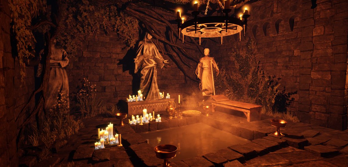 Hi! 👋🏻😎happy #screenshotsaturday to all my #gamedev #gameindiedev
This waters hold the power to mend wounds, while the gentle glow of candles casts an illuminating calm upon the knight.🕯️✨

#IndieGameDev #indiedev #gamedev #gamedevelopment #indiegame #UnrealEngine5 #PlayStation