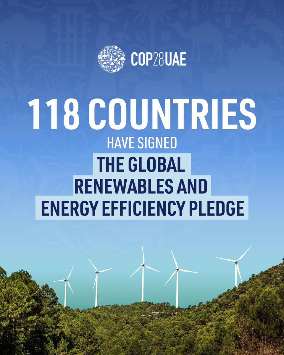 118 countries have agreed to triple installed global renewable energy generation capacity to at least 11,000 gigawatts and to double the annual global average rate of energy efficiency improvements from ~2 percent to more than 4 percent every year until 2030. 
 #COP28