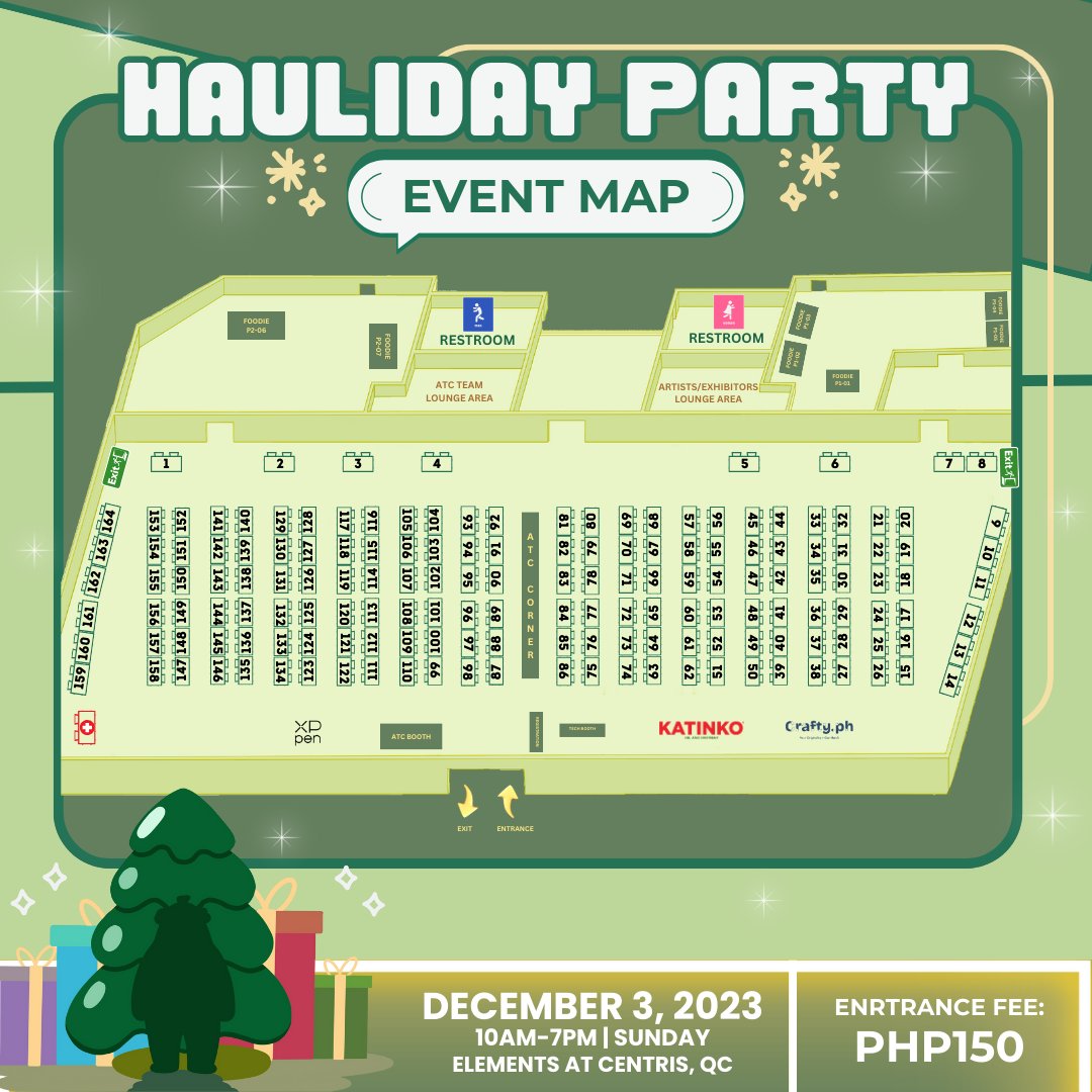 🎁 Art To Cart #HAULidayParty OFFICIAL EVENT MAP 🎁

Don't miss out on the chance to shop for unique, handmade gifts for everyone on your Christmas list at the most spectacular ChristmART Bazaar in town featuring over 200 talented local artists! 🌟

WE ACCEPT WALK-INS 💃🏻
