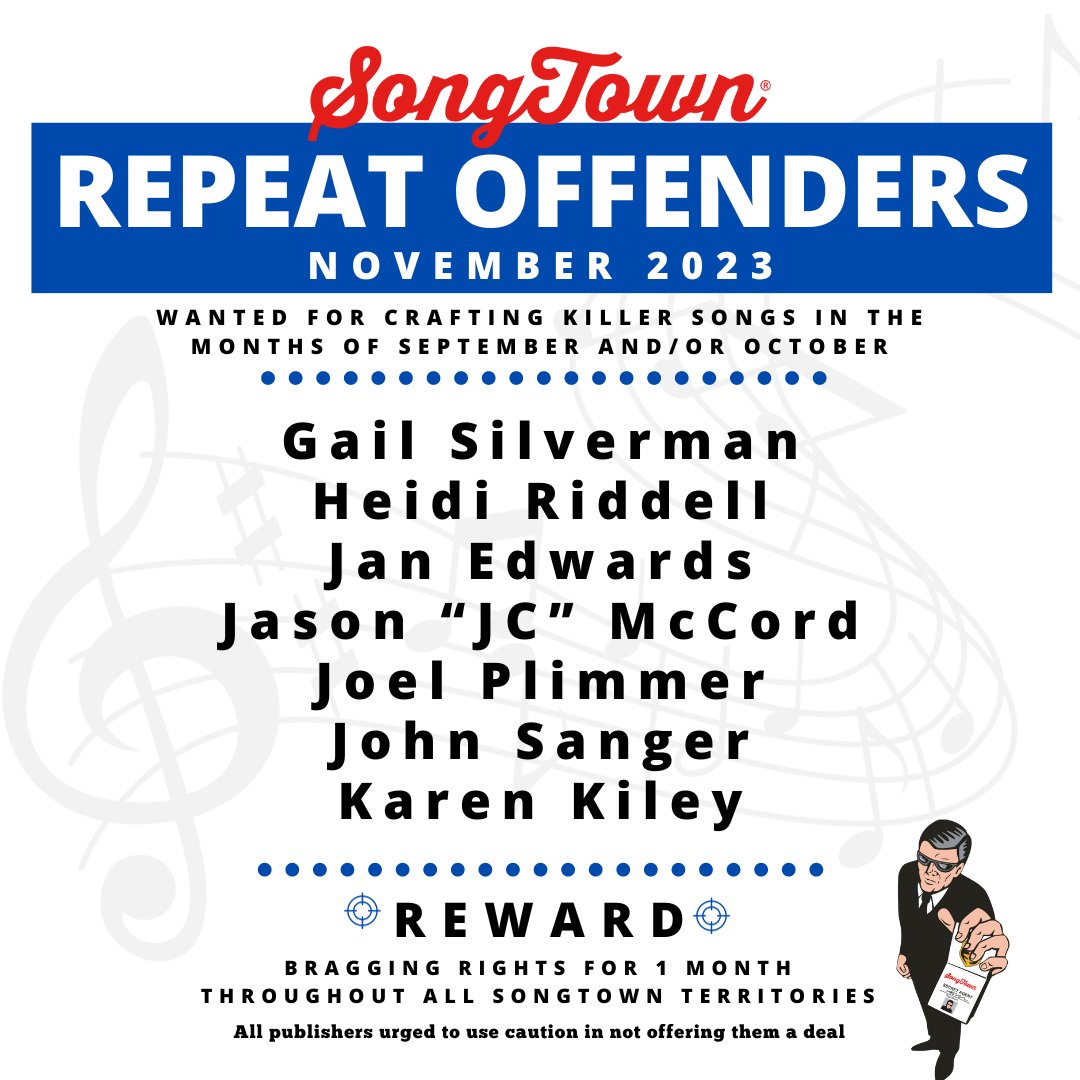 Congrats to SongTown’s Nov. REPEAT OFFENDER Writers! 🎉 These writers should be considered armed (w/ great ideas & melodies) & dangerous. They could write a great song any time, any place, for any reason (or no reason at all). Write on all! 🙌 #songwriter #songwriting #songtown