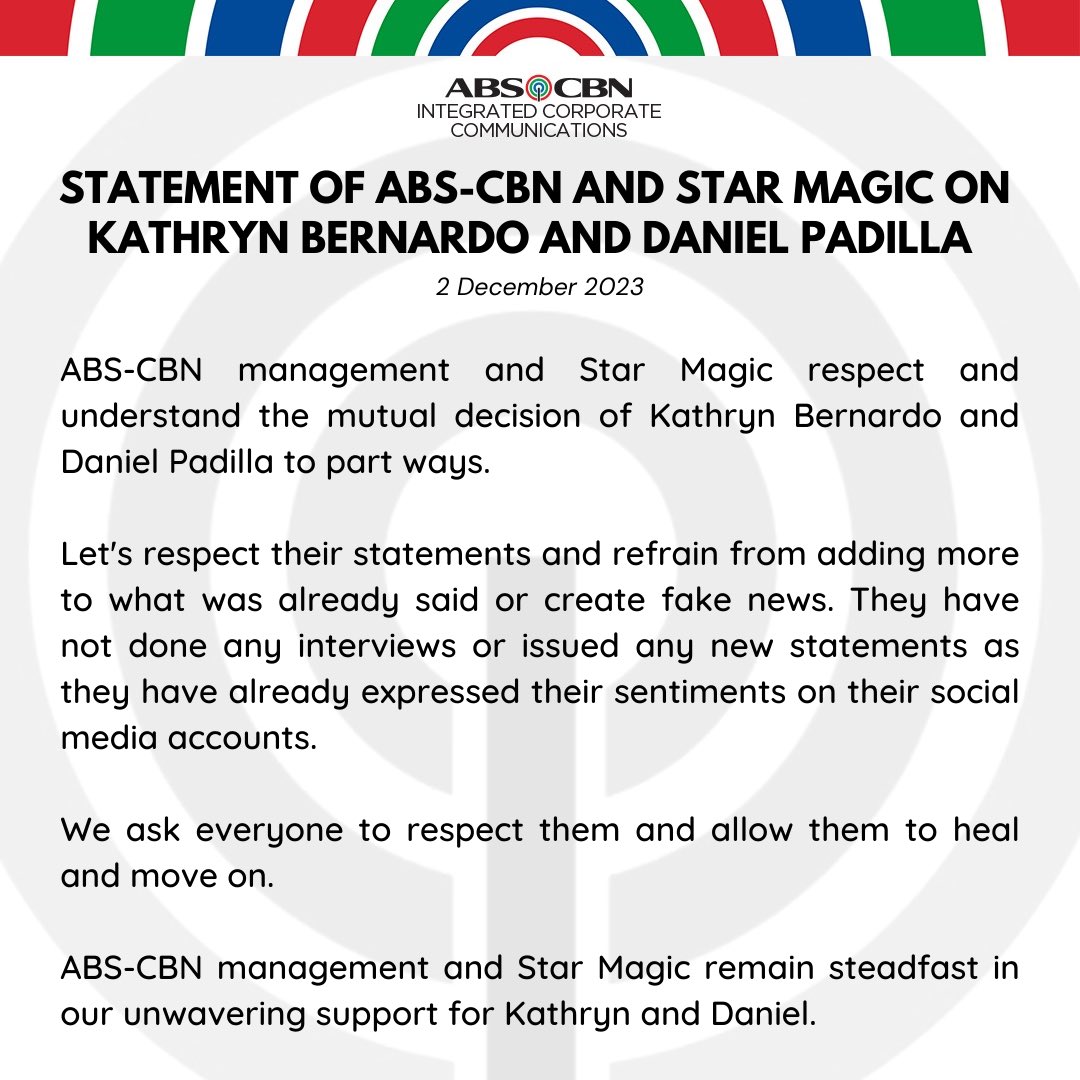 starmagicphils's tweet image. READ: ABS-CBN and Star Magic’s official statement regarding Kathryn Bernardo and Daniel Padilla.