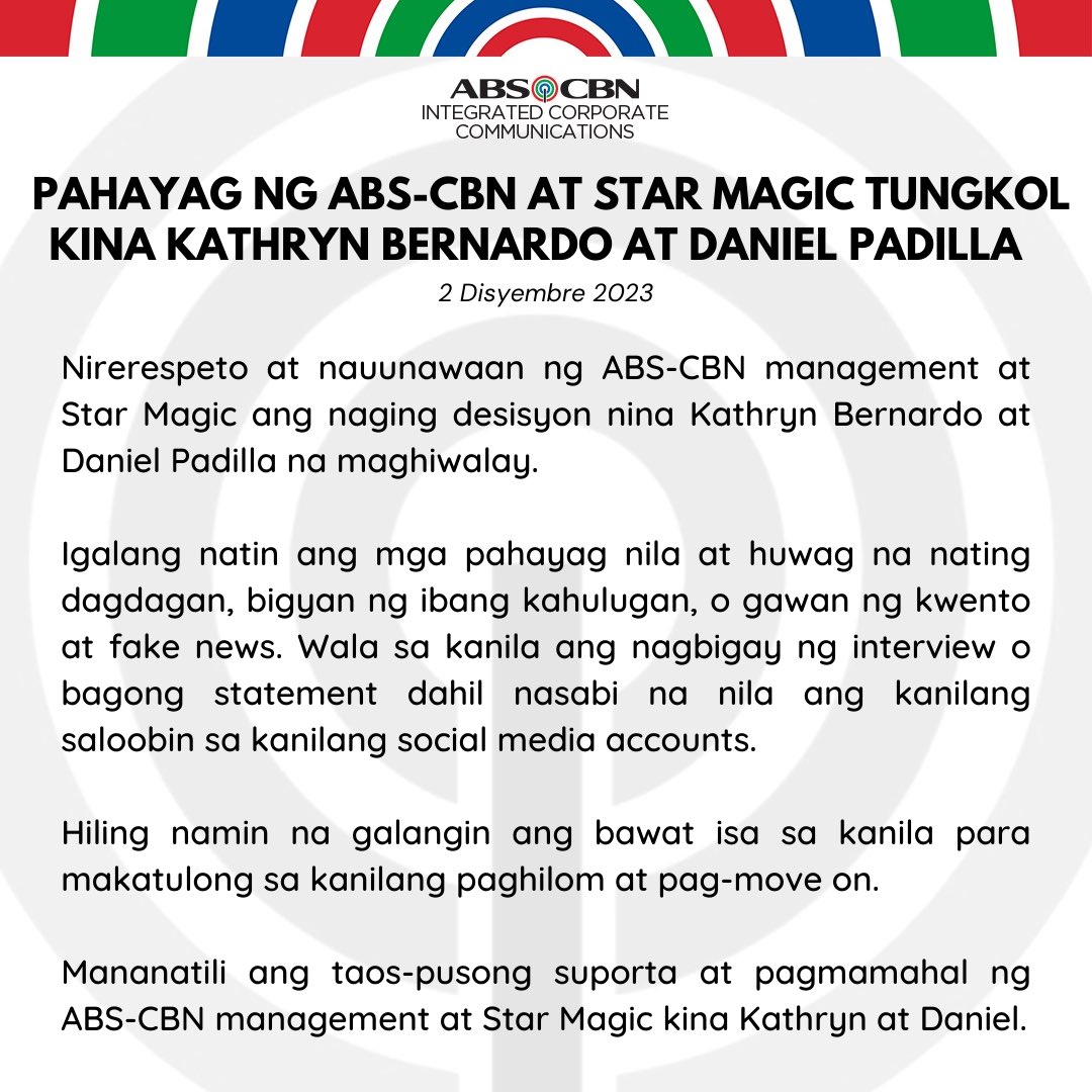 starmagicphils's tweet image. READ: ABS-CBN and Star Magic’s official statement regarding Kathryn Bernardo and Daniel Padilla.