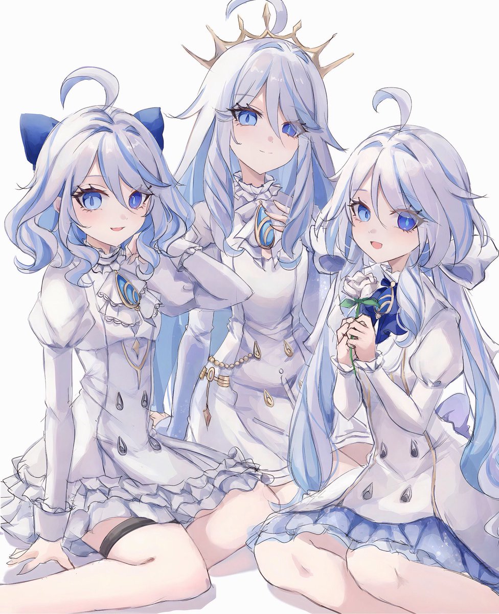 furina (genshin impact) 3girls multiple girls blue eyes ahoge dress flower bow  illustration images