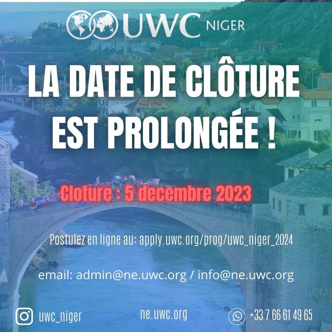 Une opportunité qui pourrait changer une vie. Elle a changé la mienne. Postulez / partagez:

Critères : Etre lycéen(ne) nigérien(ne), avoir entre 16 ans et 18 ans pour être éligibles, plus de 14 de moyenne

Postulez en ligne: apply.uwc.org/prog/uwc_niger…
Contact: admin@ne.uwc.org
