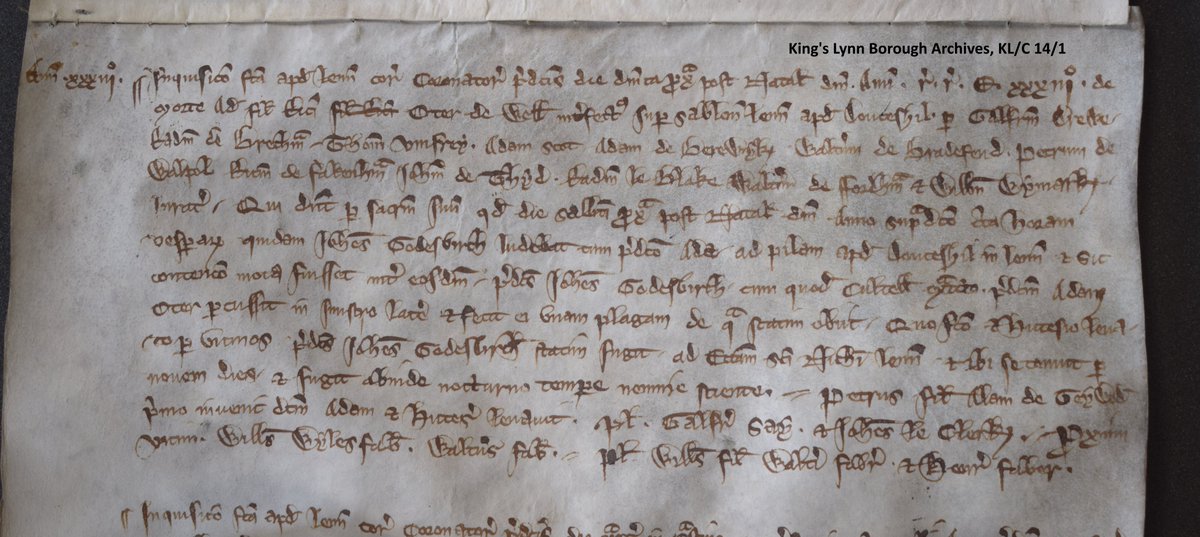 1304 Coroner’s inquests into the death of Adam Oter who died after a dispute during a ball game on the Doucehill sands. John Godesbirth, the man who killed him, took refuge in nearby St Nicholas Chapel. John escaped unseen from the church a few days later. Translation in ALT text