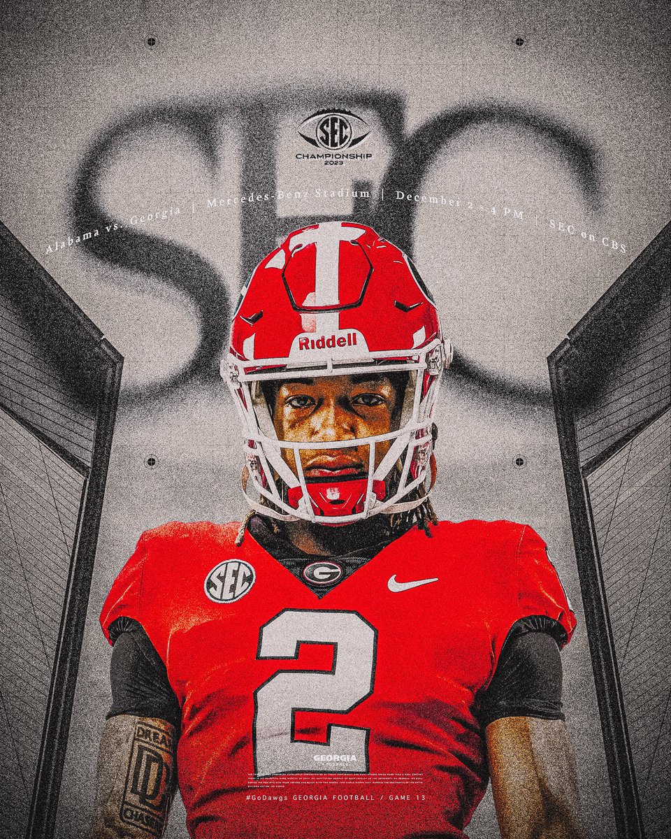 GeorgiaFootball's tweet photo. 𝐒𝐄𝐂 𝐂𝐡𝐚𝗺𝐩𝐢𝗼𝐧𝐬𝐡𝐢𝐩

🏟️: Mercedes-Benz Stadium
🕓: 4 PM ET
📺: SEC on CBS

#GoDawgs | #SECChampionship https://t.co/kNpXy5LRpI