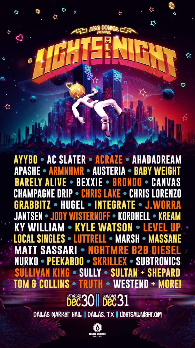 Lights All Night reveals initial 2023 lineup: <a href="/Skrillex/">Skrillex</a>, <a href="/chrislake/">Chris Lake</a>, <a href="/Subtronics/">✨SUBTRONICS✨</a> + more. <a href="/LightsAllNight/">Lights All Night</a> 

Promo Code: TEXASEDM 🪩

Passes → bit.ly/lan23