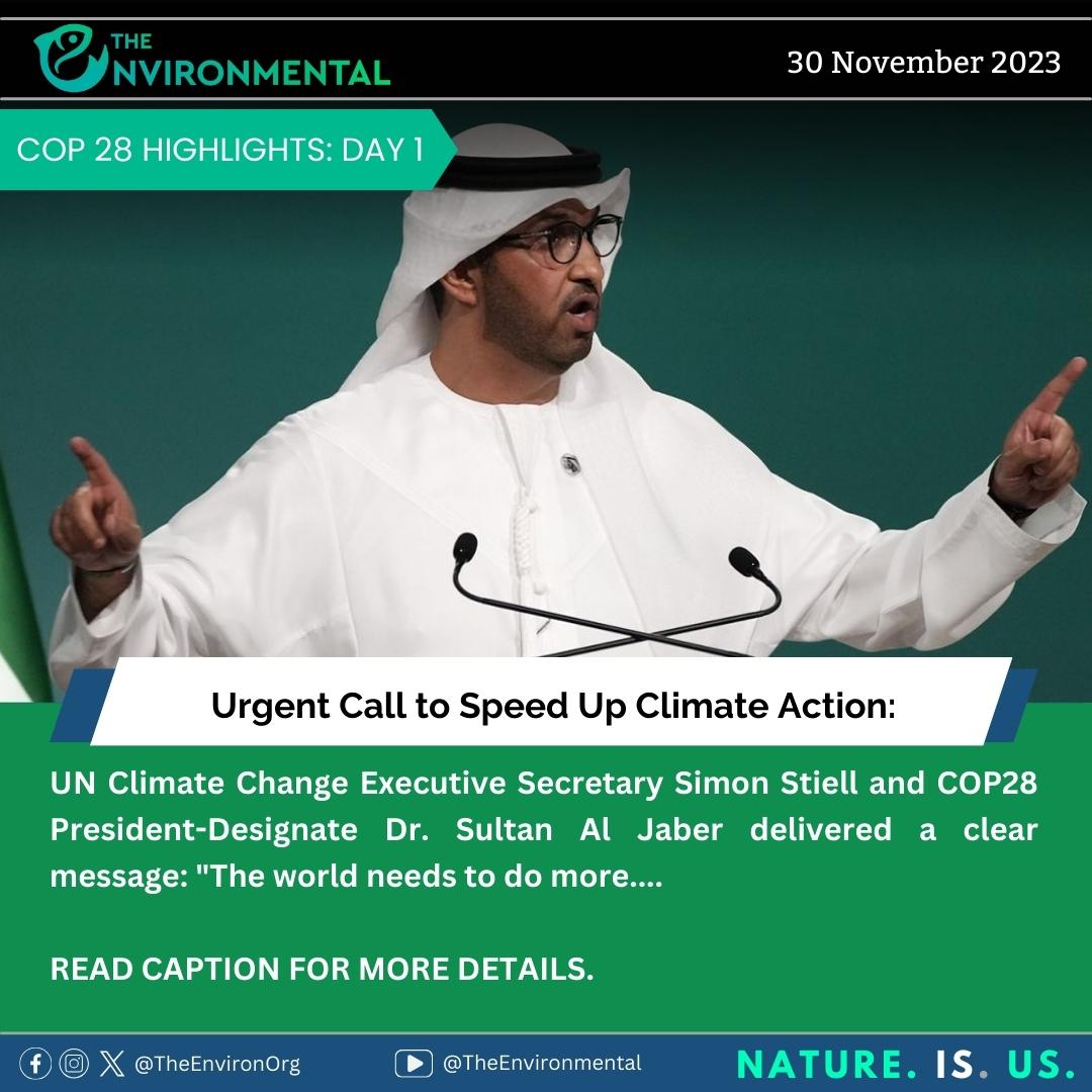TheEnvironOrg's tweet photo. UN Climate Change Executive Secretary Simon Stiell and #COP28 President-Designate Dr. Sultan Al Jaber delivered a clear message: "The world needs to do more, and we must seize the opportunity of #COP28uae to take action and keep 1.5 degrees Celsius within reach."

#climatechange https://t.co/v0l1P8T7R8
