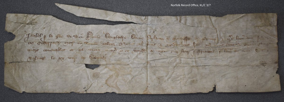Queen Isabella sent a letter to John de Cokesford, Mayor of Lynn, asking for carpenters to be sent to her at Castle Rising. The letter is undated but it would be from either 1339, 1340 or 1346 as these were the years John was Mayor @NorfolkRO