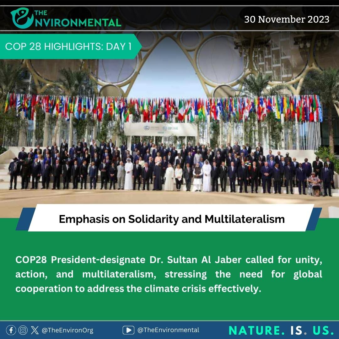 TheEnvironOrg's tweet photo. #COP28 President-designate Dr. Sultan Al Jaber called for unity, action, and multilateralism, stressing the need for global cooperation to address the #climatecrisis effectively.

#COP28UAE #climatechange https://t.co/xO5nFfSKvn