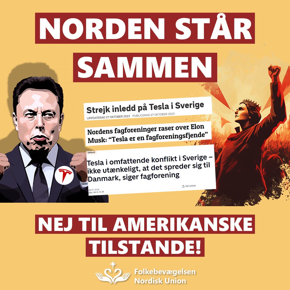 Norden står sammen!

Lige nu strejker svenske bilmekanikere imod det amerikanske Tesla. Firmaet nægter at indgå en overenskomst, og går derfor imod den nordiske model

Vi støtter svenskerne i deres vigtige kamp. Den nordiske model skal forsvares!

#dkpol
#teslastrike
#teslasweden