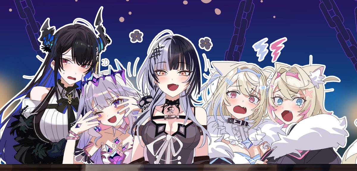 フワワ・アビスガード ,フワワ・アビスガード(通常) ,古石ビジュー ,モココ・アビスガード ,モココ・アビスガード(通常) ,ネリッサ・レイヴンクロフト ,シオリ・ノヴェラ ,シオリ・ノヴェラ(通常) 「同時視聴配信、それぞれの反応が面白かった～ #FWMCpix #ShiorinS」|よもさかのイラスト