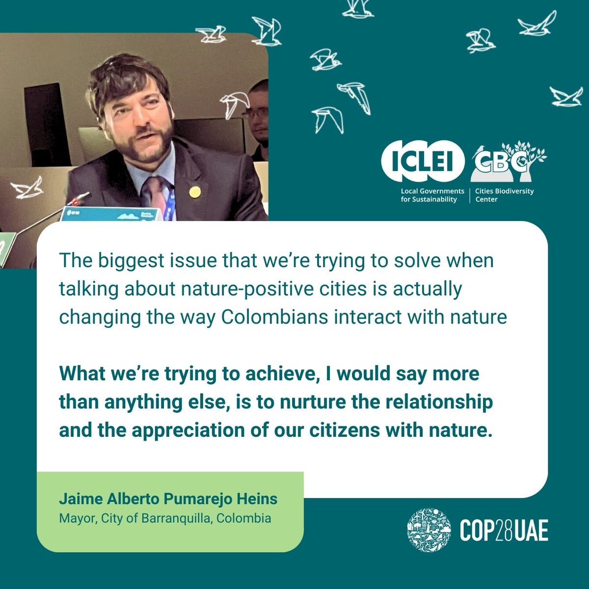 ICLEICBC's tweet photo. At our #COP28 LCAS session #ForNature, Mayor @jaimepumarejo of #Barranquilla @alcaldiabquilla acknowledges their responsibility for the preservation of their ecosystems, "if we don’t know what we have then we are going to ravage it much more quickly."

#GenerationRestoration https://t.co/LwoxivdRPw