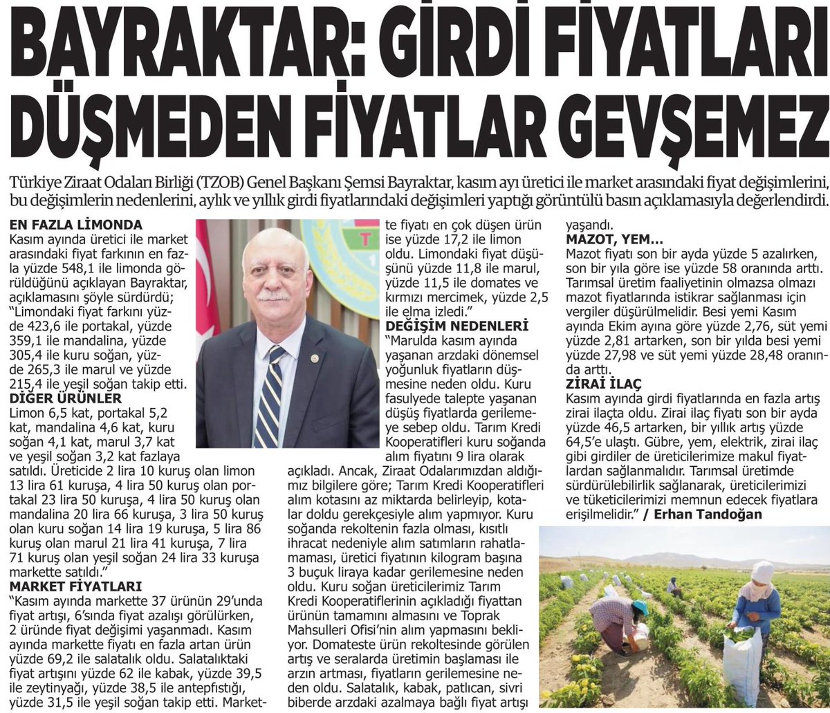 semsibayraktar's tweet photo. Kasım ayı üretici ile market arasındaki fiyat değişimlerini, başta limon olmak üzere yaşanan bu değişimlerin nedenlerini, aylık ve yıllık girdi fiyatlarındaki değişimleri değerlendirdiğim basın açıklaması gazetelerde geniş yer aldı. https://t.co/tEFaOhxdH0