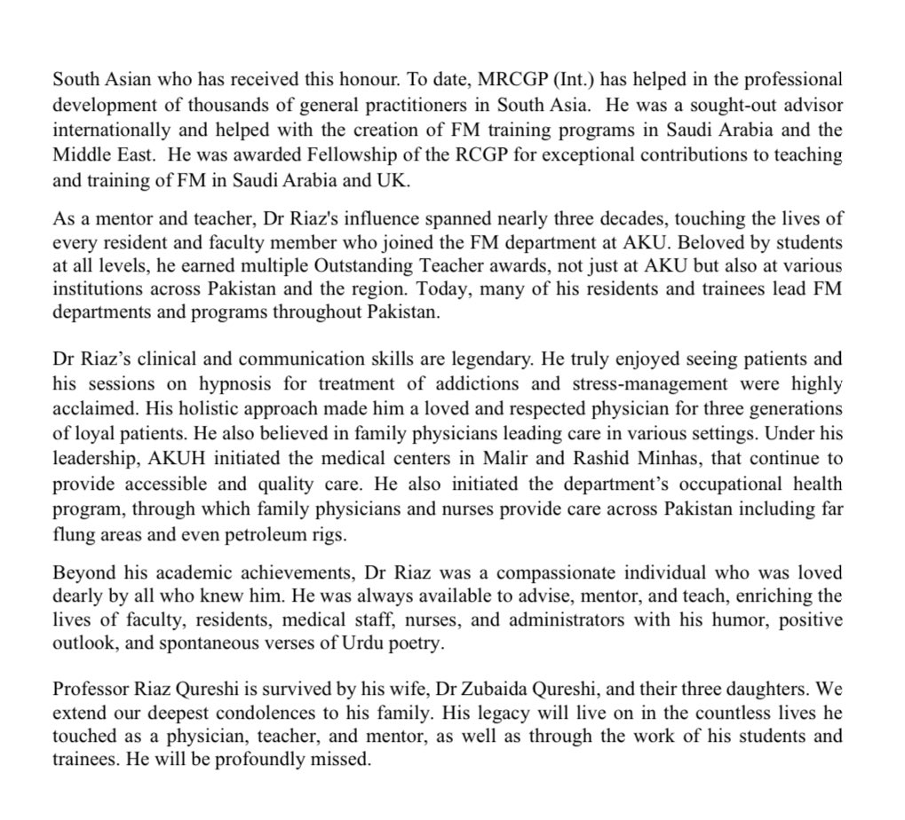 With great Sadness we @AKUGlobal share the news of the Passing of our legendary Founding Chair of Family Medicine - Professor Riaz Qureshi. We are all so 💔 but know his legacy lives on through his wonderful family and three generations of Family Medicine providers he trained ..