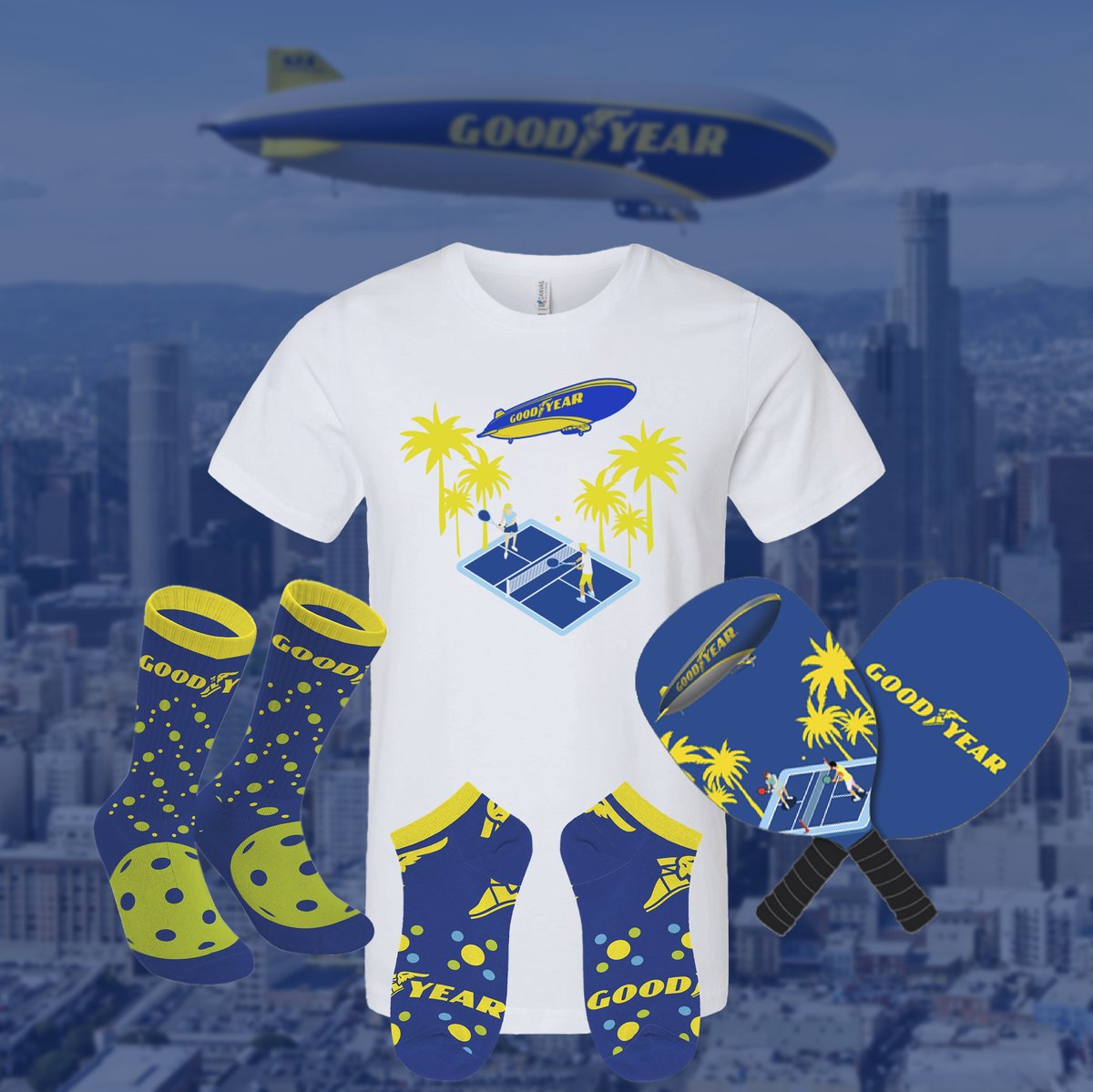 GoodyearBlimp's tweet photo. We’re making history with the Blimp’s first appearance at a Pickleball tournament at the @PPAtour Finals tomorrow! Now, you can bring the Blimp to every Pickleball match with our new limited edition merchandise collection: https://t.co/iHrpV89P5g https://t.co/XF32nbF5uu