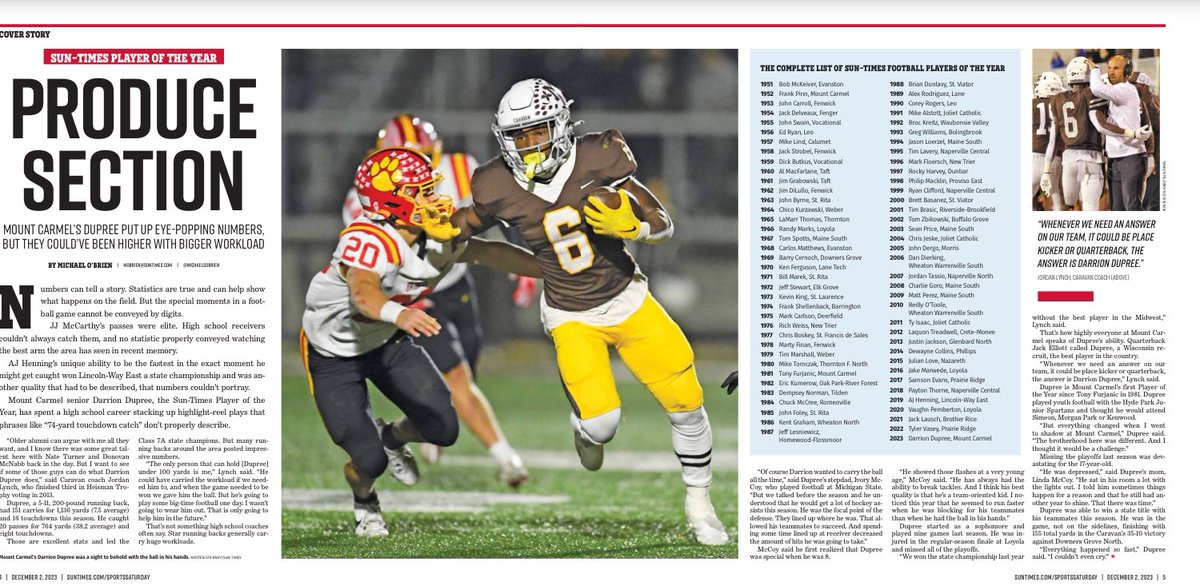 michaelsobrien's tweet image. Today’s the day to grab the paper for your All-Area football team. We’ve also printed the complete list of Sun-Times’ POY, which dates back to 1951.