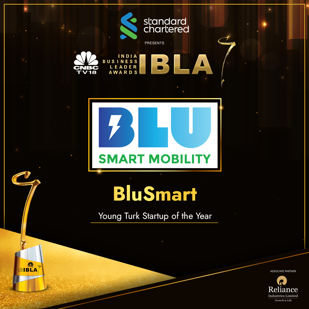 CNBCTV18Live's tweet image. #IBLA2023 | Award for Young Turk startup of the year goes to @BluSmartIndia