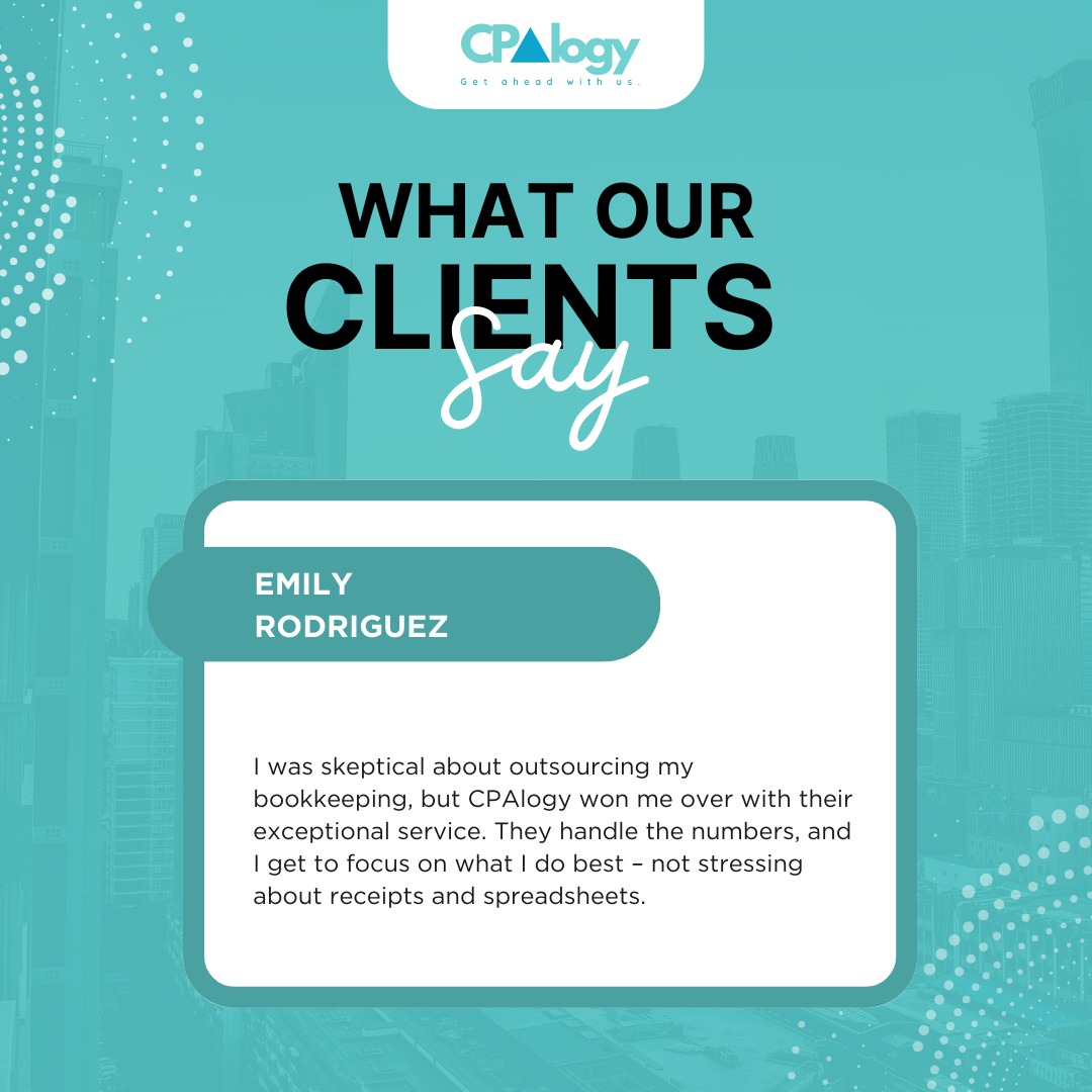 Testimonial Spotlight: Emily Rodriguez a small business owner, shares her experience with CPAlogy. Discover how outsourcing bookkeeping transformed her business!
#CPAlogyTestimonial #ClientExperience #BookkeepingSimplified #FocusOnYourPassion #ClientSuccessStory #CPAlogy