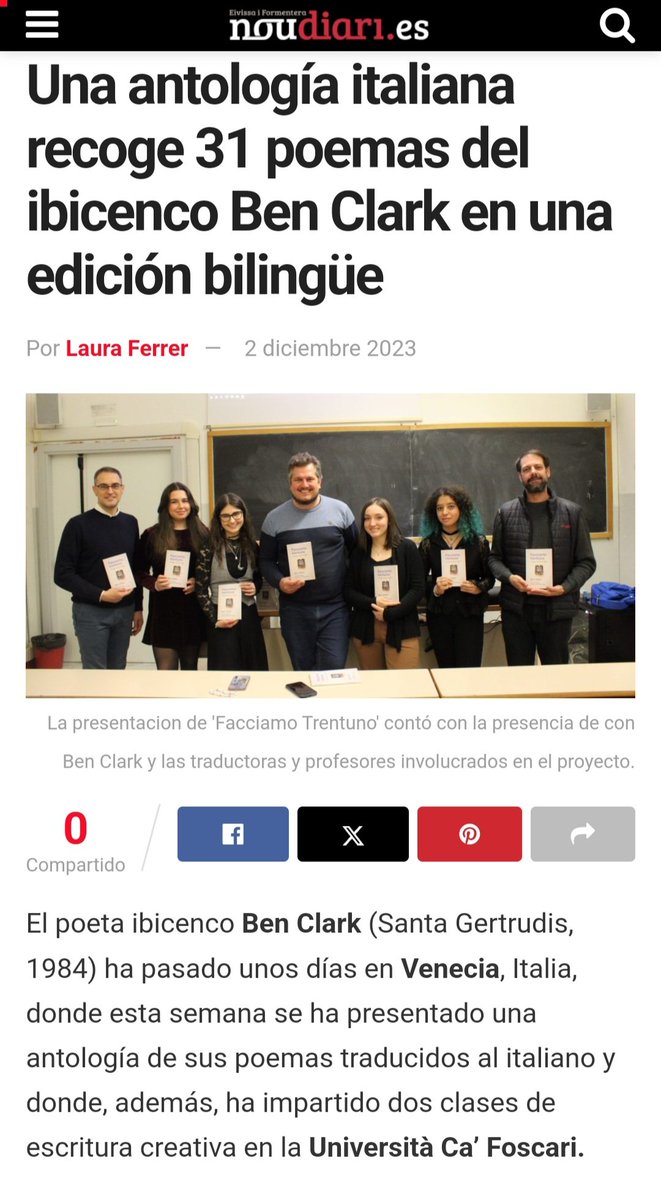 phonodia's tweet photo. "Una antología italiana recoge 31 poemas del ibicenco Ben Clark en una edición bilingüe", artículo de https://t.co/jAeNLMPftf, escrito por Laura Ferrer
https://t.co/0UeiXP7uEj
@benclarkpoeta #benclark #facciamotrentuno #poesía #poemas #poeta #phonodia #cafoscari @CaFoscari https://t.co/Qv8PCXXnVu