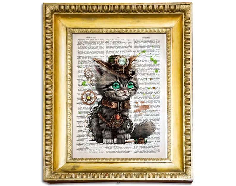 Unleash the whimsy with 'Green Eyes Kitten'—a steampunk delight! 🐾🎩 This fine art print, crafted on a vintage dictionary page, makes a perfect gift for animal lovers. #SteampunkArt #DictionaryPrint #WhimsicalGifts #FunnyAnimalArt #UniqueHomeDecor
art4giftvintageart.etsy.com/listing/153312…