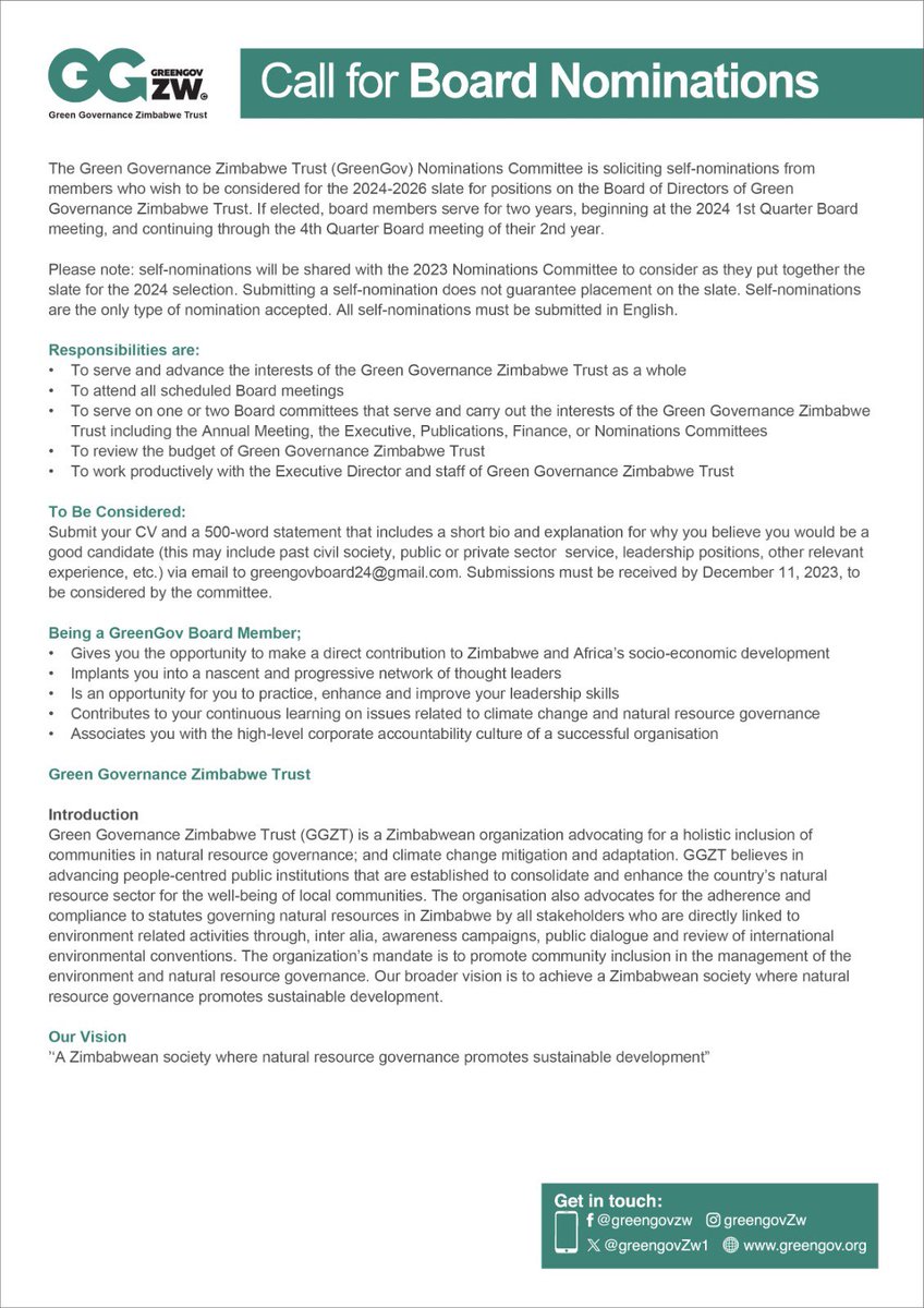 We are excited to announce the Call for Nominations to the @greengovzw1 Board: 2024-2026! Come join us and let's make a difference.