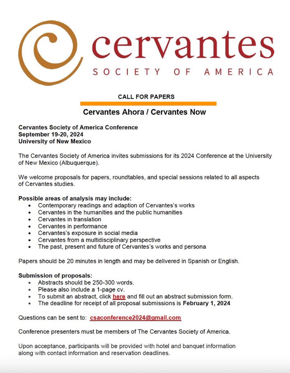 of_cervantes's tweet photo. Cervantes Society of America
CSA conference 2024,
"Cervantes Ahora / Cervantes Now"
 September 19-20 at the University of New Mexico. All details ⬇️ https://t.co/HCvfRQxb8z