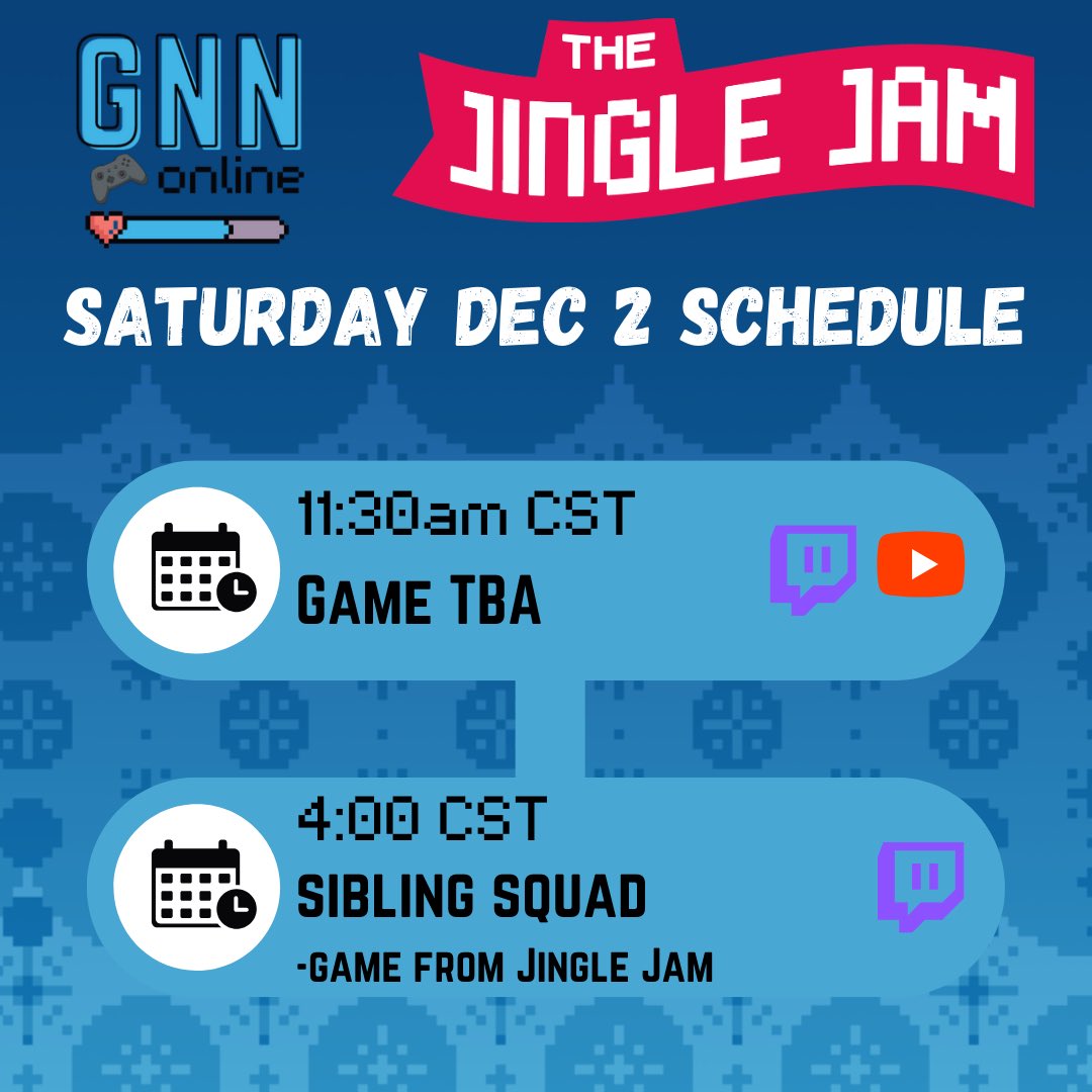 #JingleJam2023 day 2 schedule is here 🗓️ 💙

Catch us today at 11:30am and 4pm to support charity and have fun! 🎮

#StreamerCommunity #smallstreamer #TwitchStreamers #youtubegaming