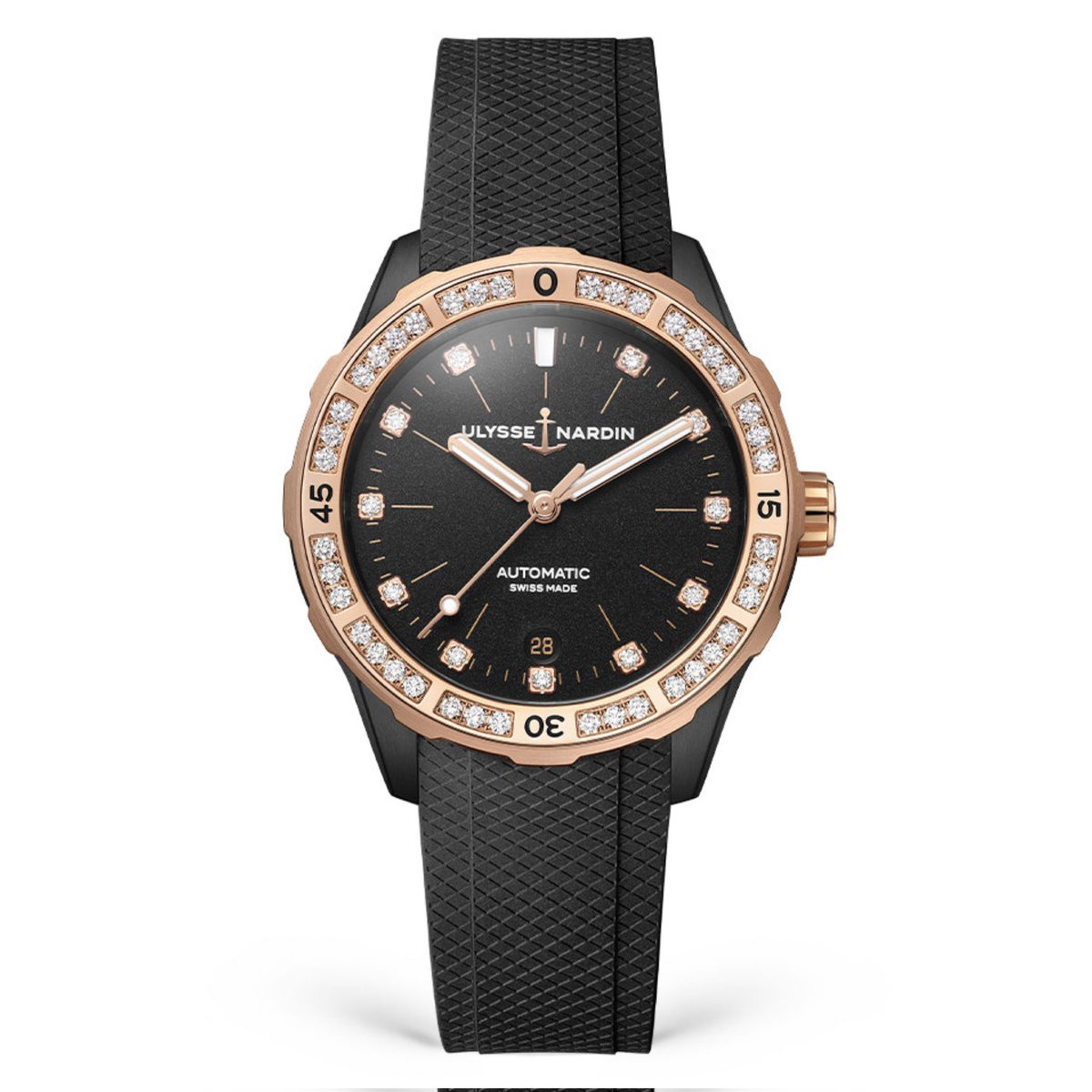 The brilliance of the diamond hour markers of the Diver Lady watch from #ulyssenardin recalls the sparkling surface of the sea, circled by a 18ct rose gold bezel. 

Shop the #UlysseNardin’s #LadyDiver’s watch on LAB: luxafrique.boutique/collections/ul… 

#luxafriqueboutique #watch #watches